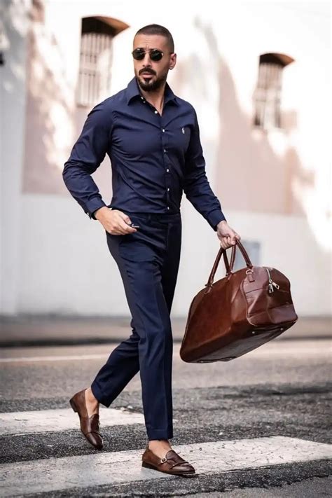 color shirt with navy pants.